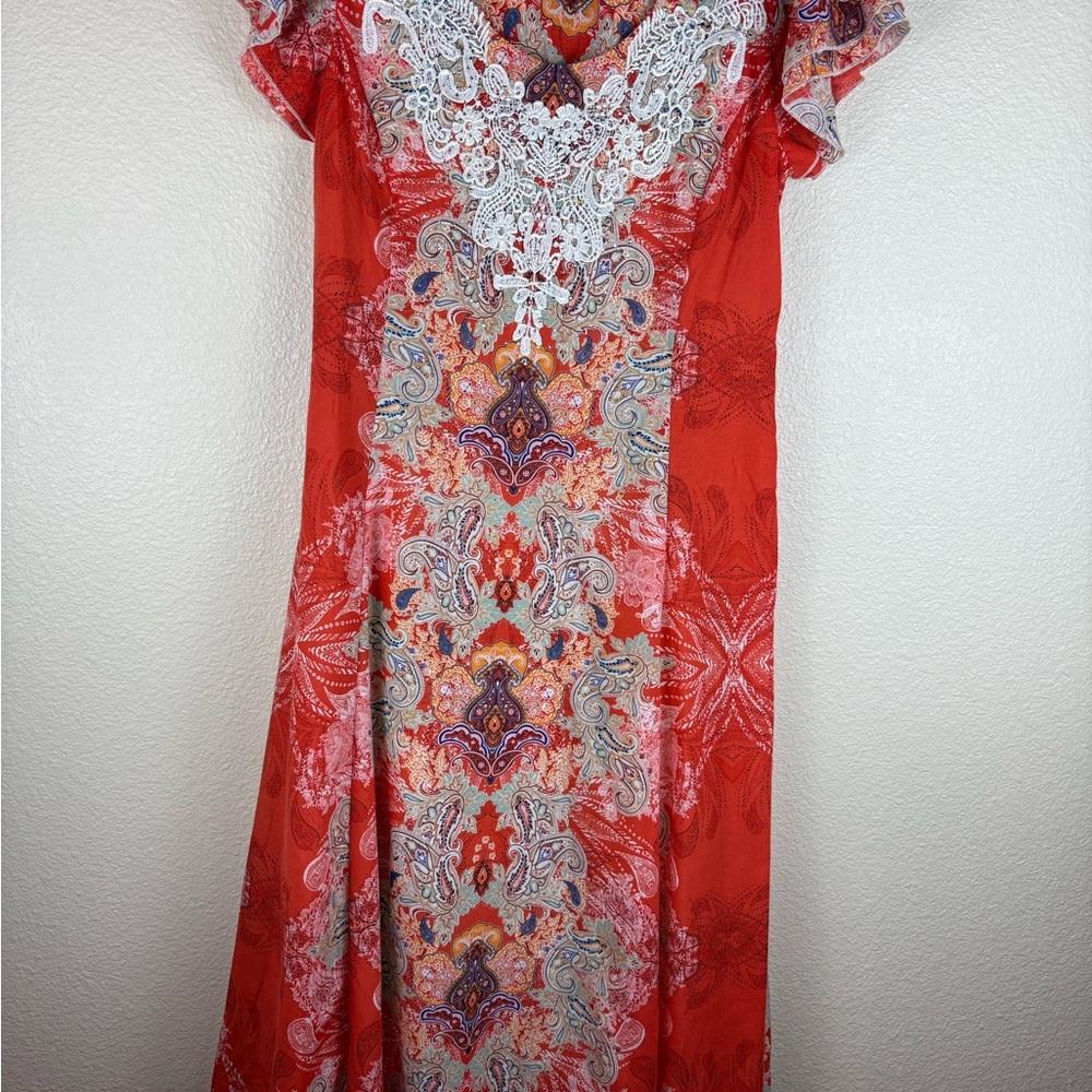 Reba Women's Long Vibrant Orange Print Dress Smocked Back Waist Side Zip Size 12